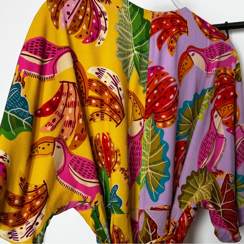 FARM Rio Pink Yellow Tropical Print Midi Wrap Dress - Picture 6 of 8